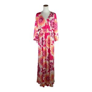 Flying Tomato Pink Floral Maxi Dress M Boho Kimono Sleeve Smocked Waist